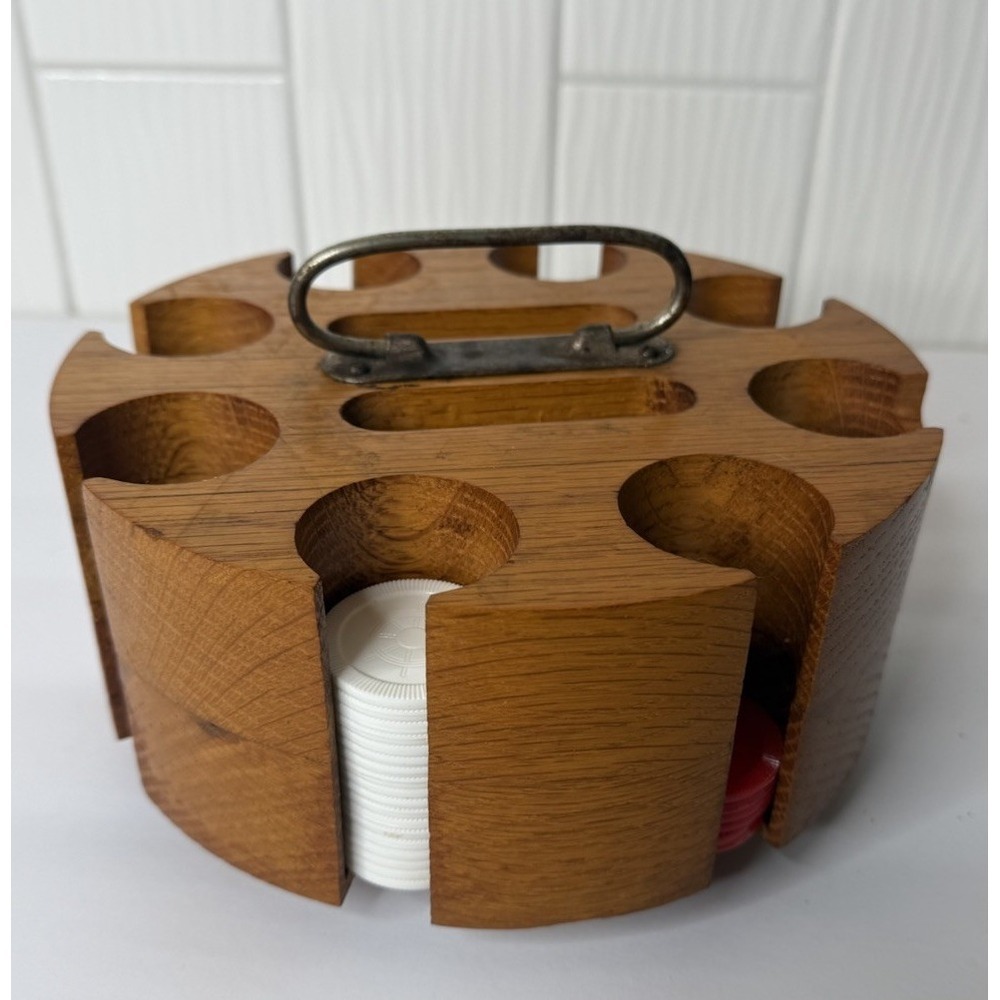 Vintage Wooden Poker Chip Carousel Caddy Metal Handle Chips Slots For Cards MCM